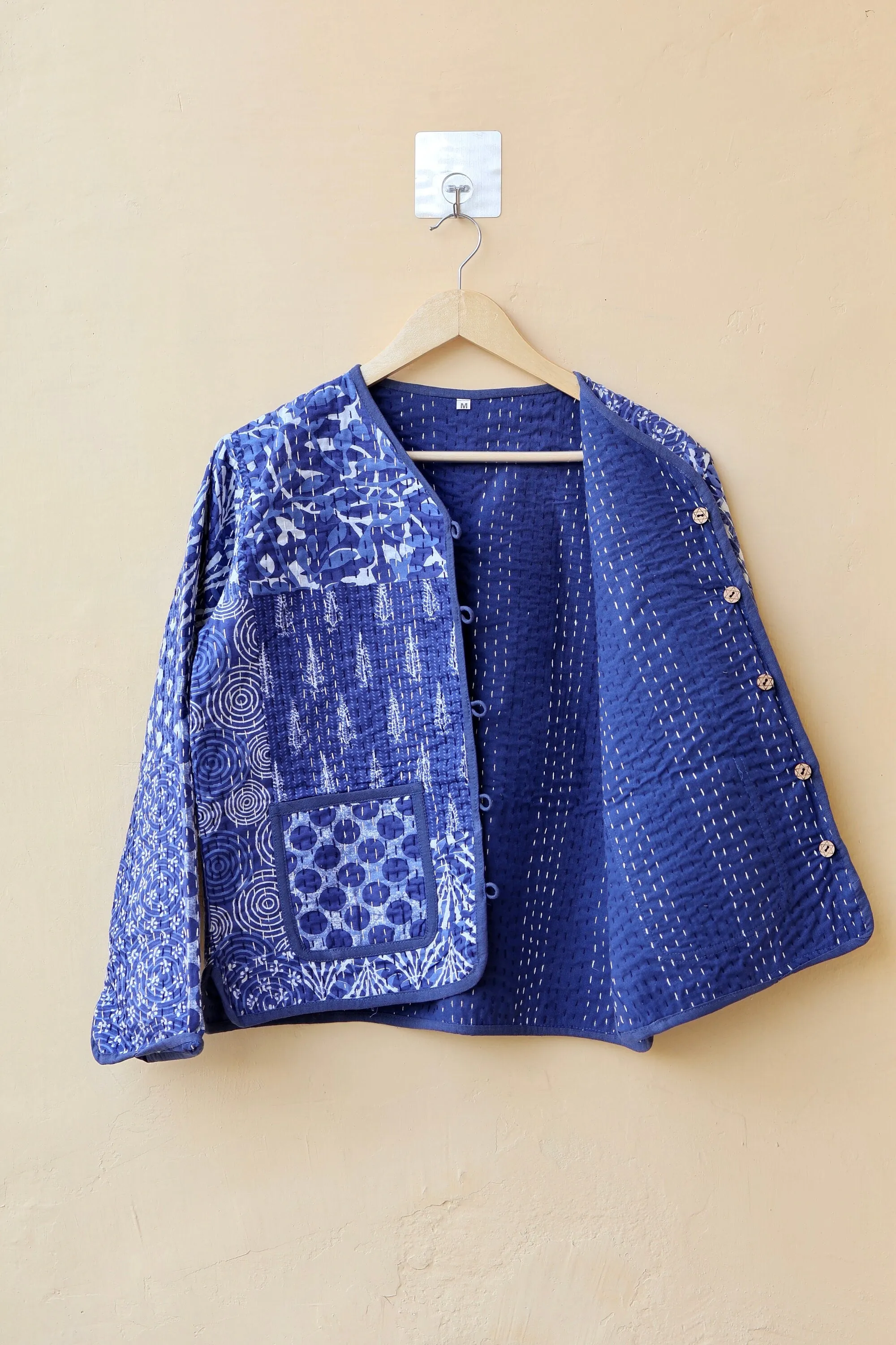 Indigo Patchwork Kantha Quilted Jacket, Indian Handmade Stylish Blue Patchwork Women's Coat, Winter Spring Reversible Kantha Jacket for Her