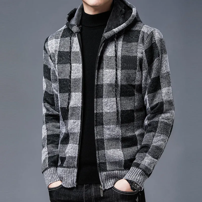 Jinquedai black men fashion urban Knitted Cardigan Men's Korean-Style Loose Plaid Sweater Long Sleeve Top Sweater Men's Coat