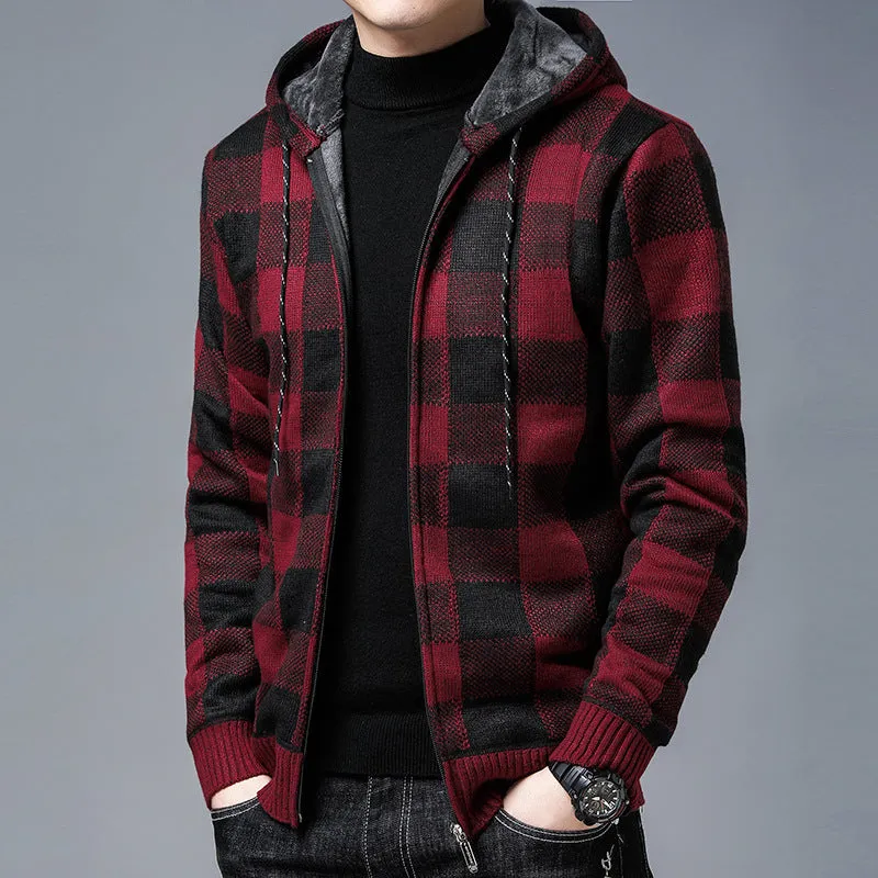 Jinquedai black men fashion urban Knitted Cardigan Men's Korean-Style Loose Plaid Sweater Long Sleeve Top Sweater Men's Coat