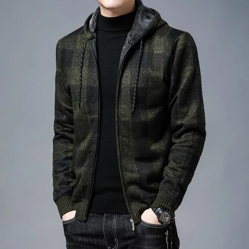 Jinquedai black men fashion urban Knitted Cardigan Men's Korean-Style Loose Plaid Sweater Long Sleeve Top Sweater Men's Coat