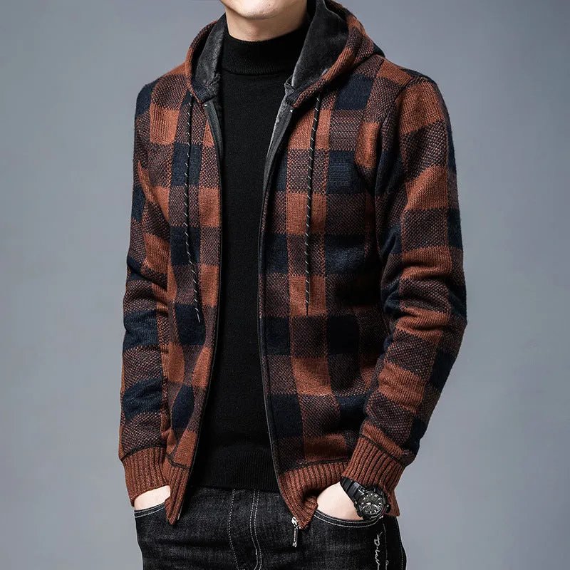 Jinquedai black men fashion urban Knitted Cardigan Men's Korean-Style Loose Plaid Sweater Long Sleeve Top Sweater Men's Coat