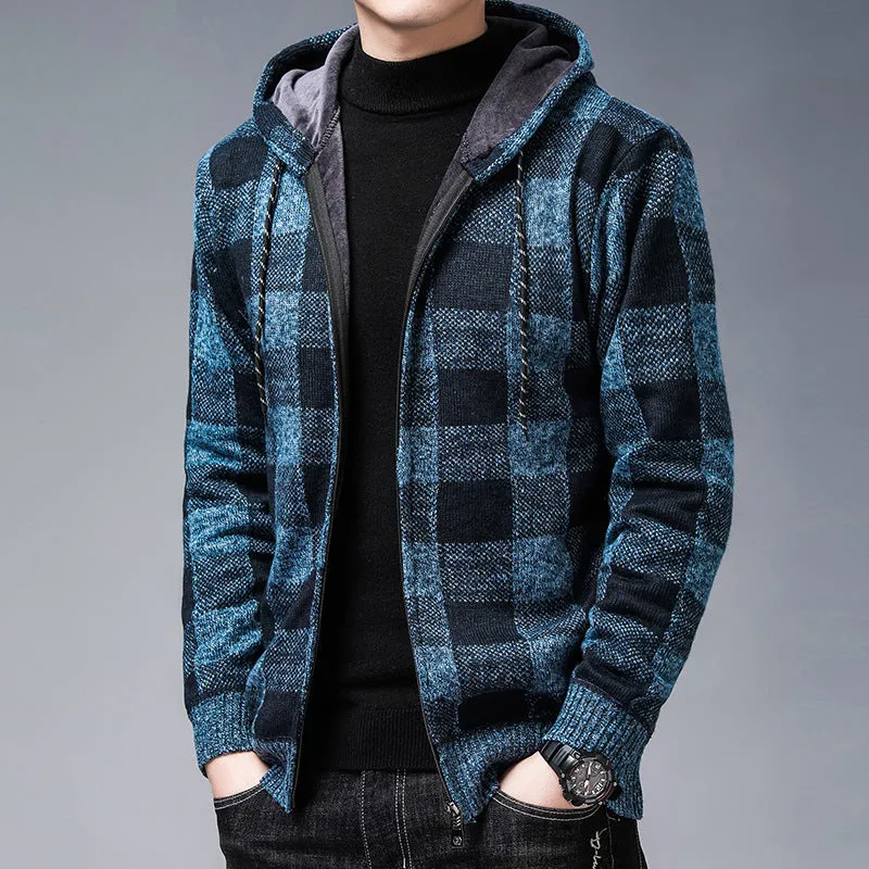 Jinquedai black men fashion urban Knitted Cardigan Men's Korean-Style Loose Plaid Sweater Long Sleeve Top Sweater Men's Coat