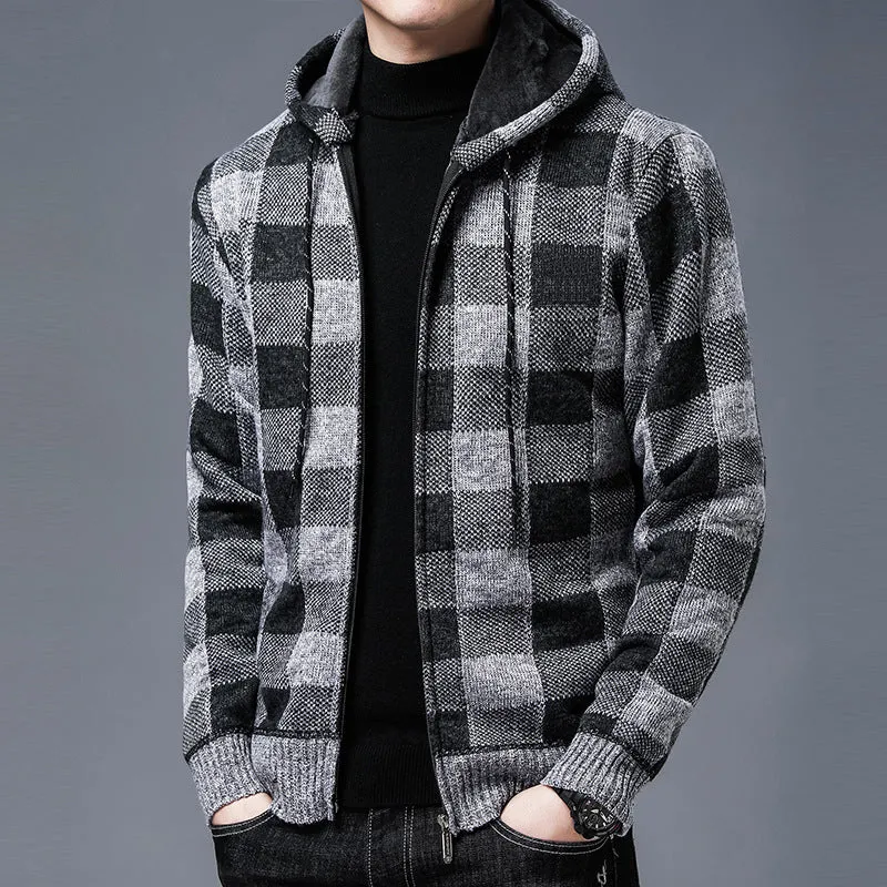 Jinquedai black men fashion urban Knitted Cardigan Men's Korean-Style Loose Plaid Sweater Long Sleeve Top Sweater Men's Coat