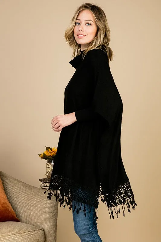 Lace Fringe Poncho Style Top - Black