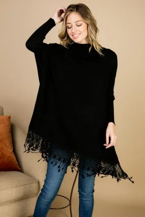 Lace Fringe Poncho Style Top - Black