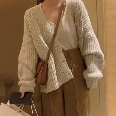 Lanfubeisi fall outfits women Fashionable Lazy Style Ingot Needle Thick Line Sweater Cardigan Women's Autumn Lantern Sleeve Loose Knitted Coat