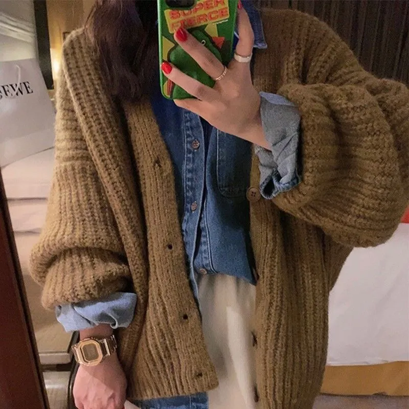 Lanfubeisi fall outfits women Fashionable Lazy Style Ingot Needle Thick Line Sweater Cardigan Women's Autumn Lantern Sleeve Loose Knitted Coat