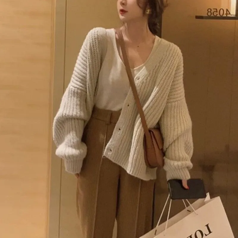 Lanfubeisi fall outfits women Fashionable Lazy Style Ingot Needle Thick Line Sweater Cardigan Women's Autumn Lantern Sleeve Loose Knitted Coat