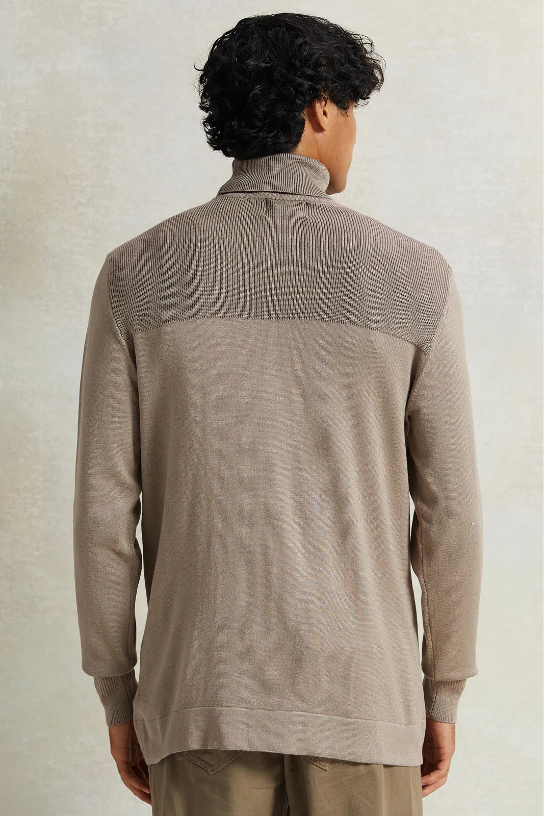 Men Beige Solid High-Neck Sweater