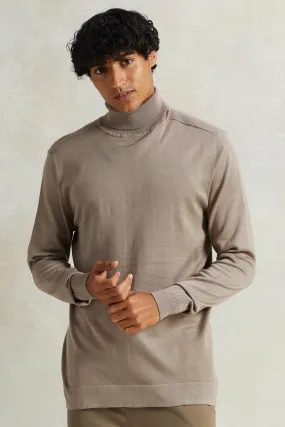 Men Beige Solid High-Neck Sweater