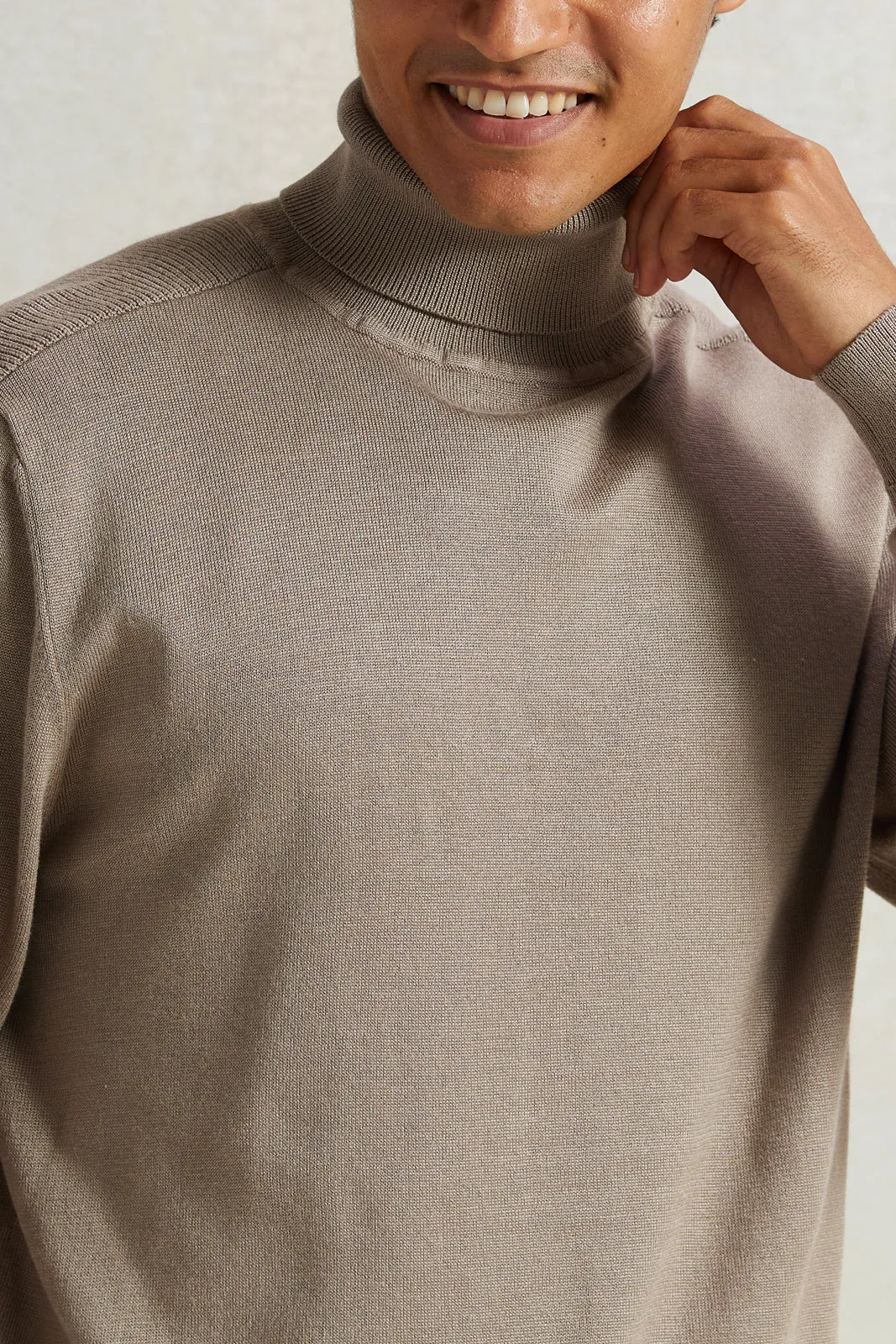 Men Beige Solid High-Neck Sweater