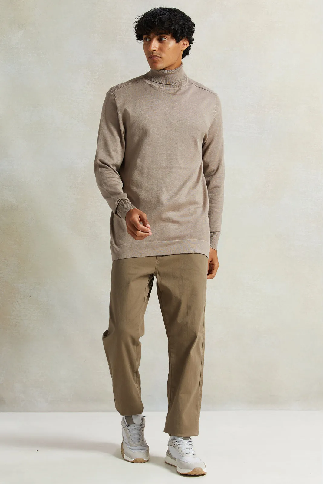 Men Beige Solid High-Neck Sweater