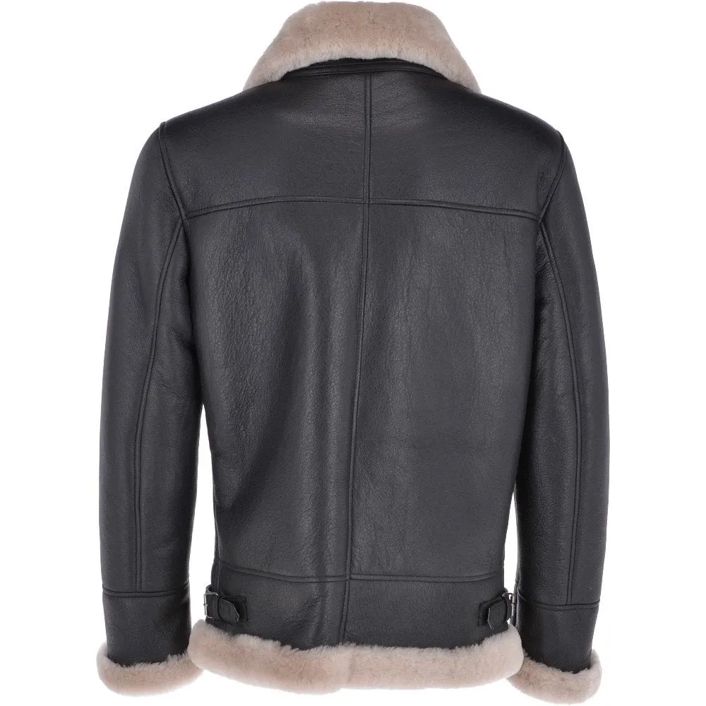 Men Brown Shearling Real Black Leather Bomber Jacket