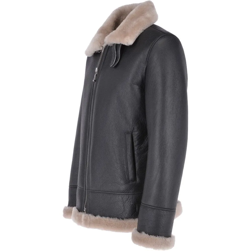 Men Brown Shearling Real Black Leather Bomber Jacket