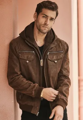 Men's Crunch Brown Leather Bomber Jacket Removable Hood