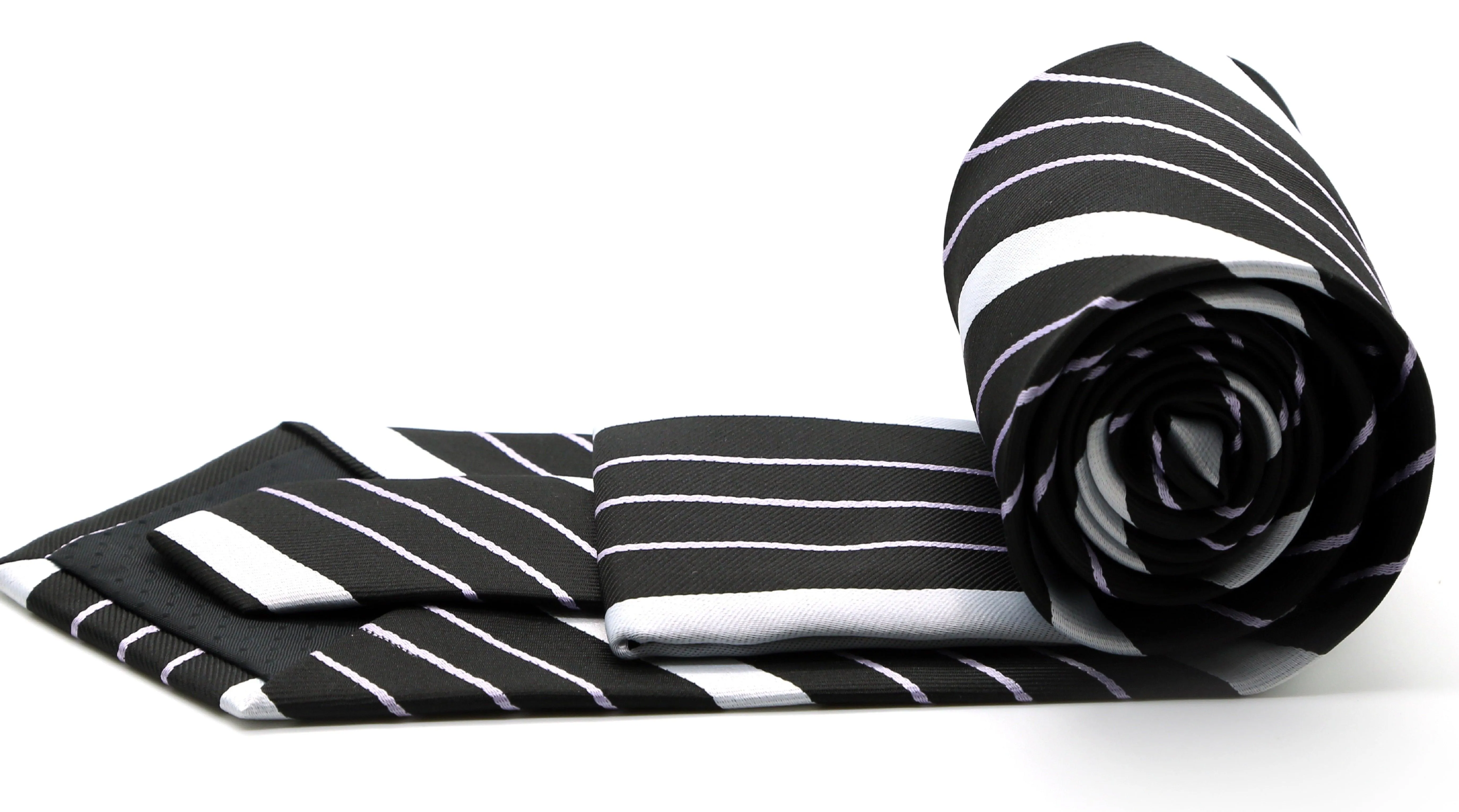 Mens Dads Classic Black Striped Pattern Business Casual Necktie & Hanky Set EO