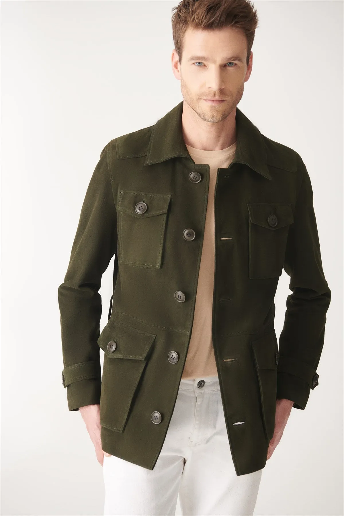 Men’s Green Suede Leather Trucker Coat