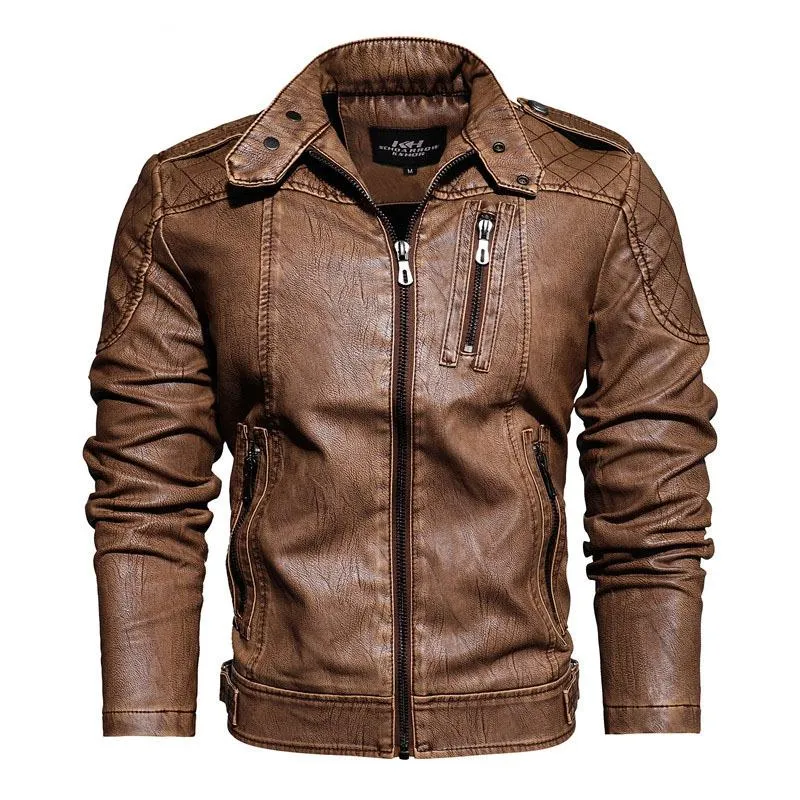 Men's Leather Jacket Stand Collar Vintage Motorcycle Style 33353503L