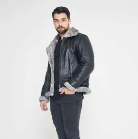 Mens RAF Aviator B3 Bomber Black Leather Shearling Jacket