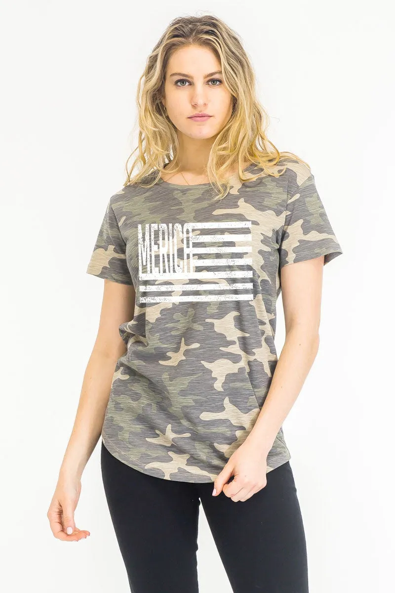 Merica flag on cammo print soft-slub texture washed fit T-shirt