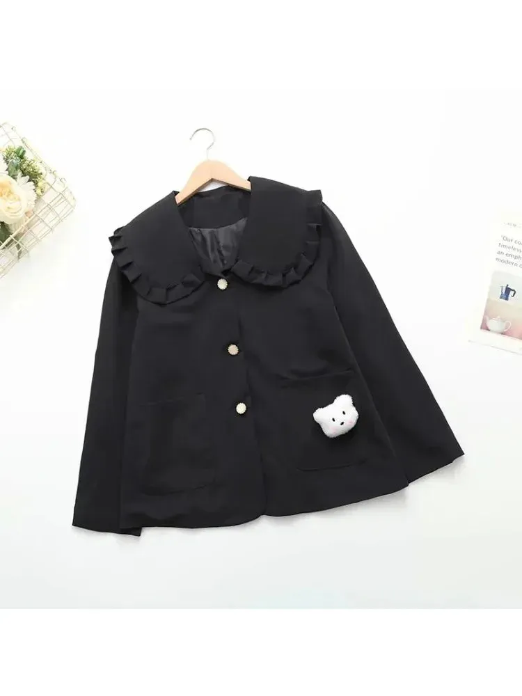 Metaversmall Black Solid Women Jacket For  Cartoon Appliques Winter Single Breasted Long Sleeve Ruffled Neck Casual Outwears Coat