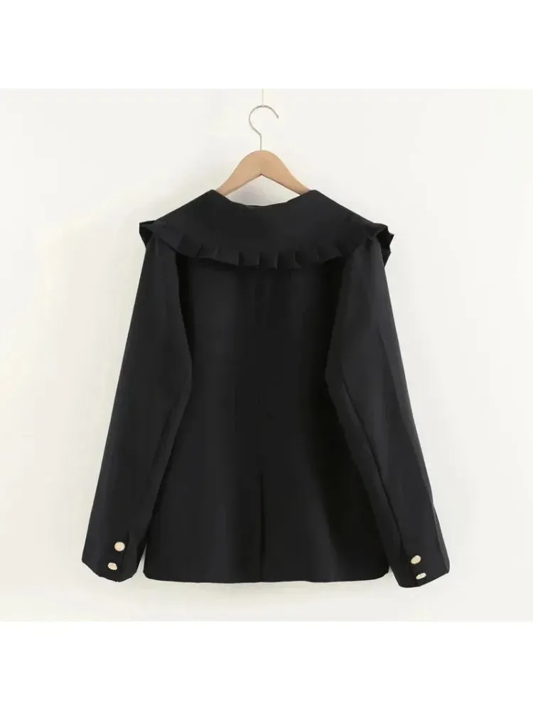 Metaversmall Black Solid Women Jacket For  Cartoon Appliques Winter Single Breasted Long Sleeve Ruffled Neck Casual Outwears Coat