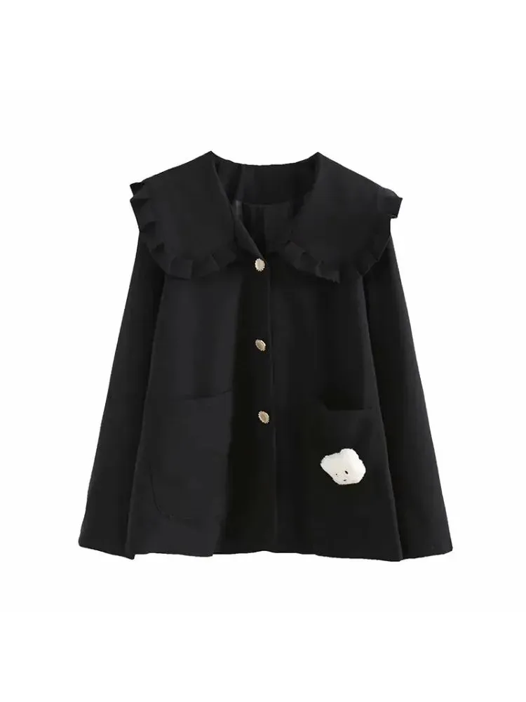 Metaversmall Black Solid Women Jacket For  Cartoon Appliques Winter Single Breasted Long Sleeve Ruffled Neck Casual Outwears Coat