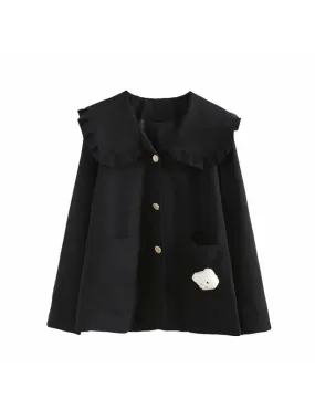 Metaversmall Black Solid Women Jacket For  Cartoon Appliques Winter Single Breasted Long Sleeve Ruffled Neck Casual Outwears Coat