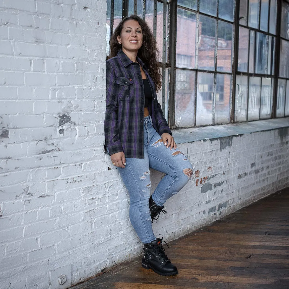 Milwaukee Leather MNG21603 Women's Casual Black with Purple Long Sleeve Casual Cotton Flannel Shirt