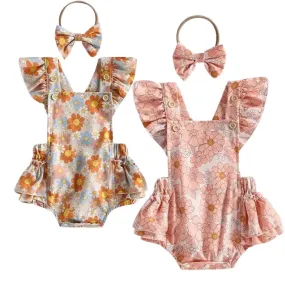 Nora - Baby Girls Flower Print Romper with Headband Sets