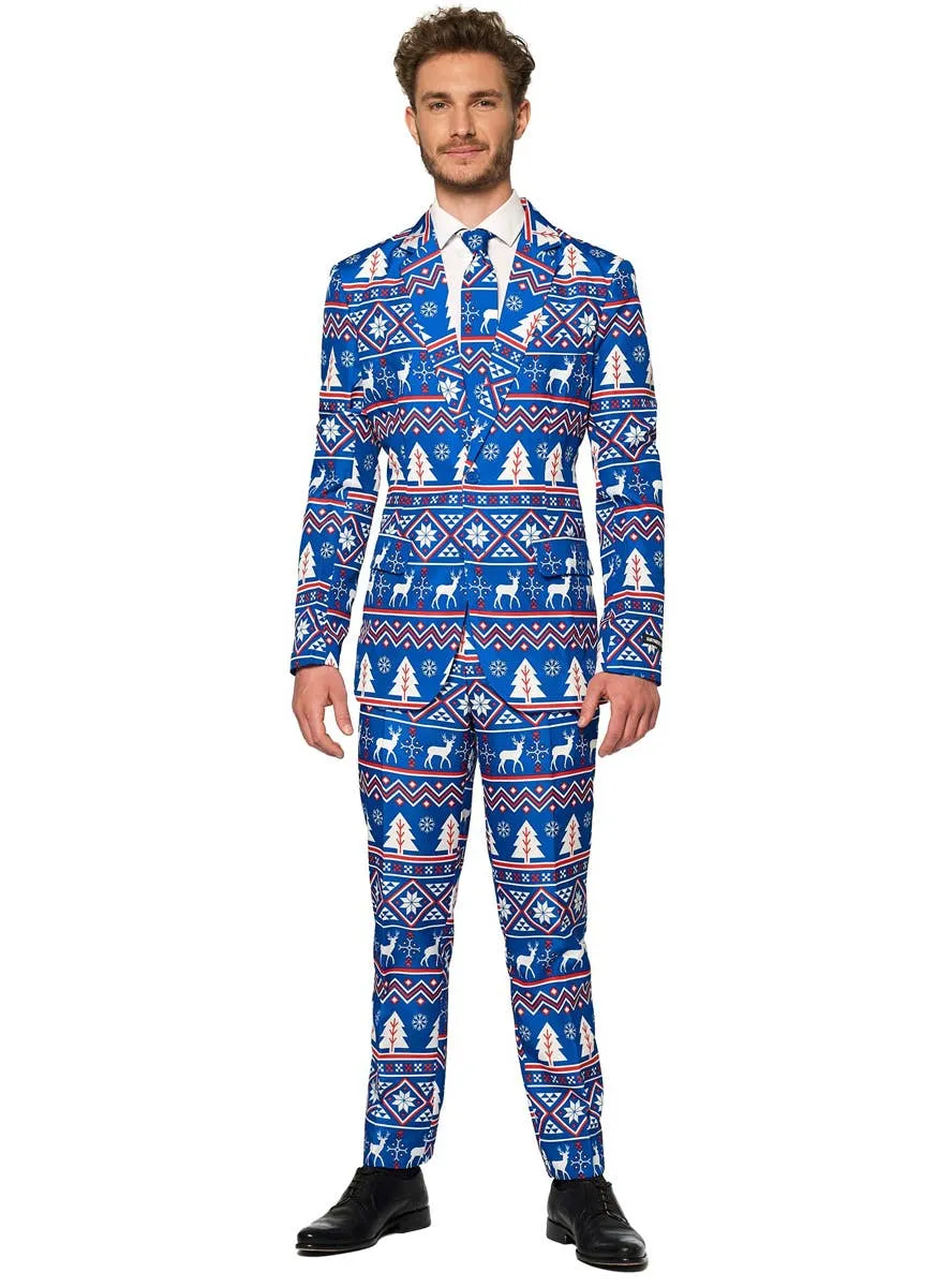 Nordic Blue Christmas Print Mens Suitmeister Costume Suit