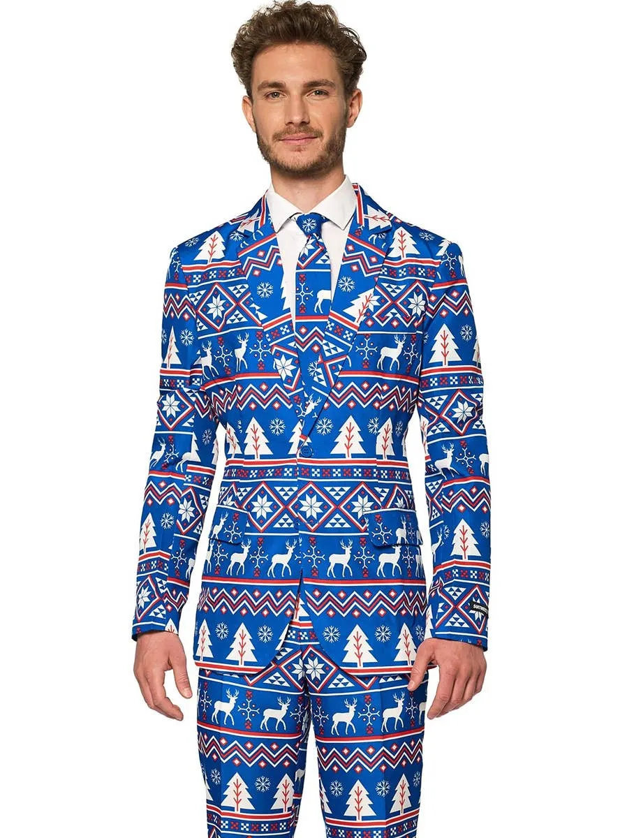 Nordic Blue Christmas Print Mens Suitmeister Costume Suit