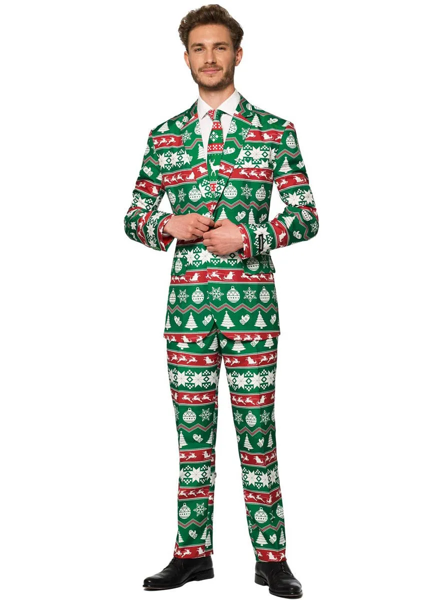 Nordic Green Christmas Print Mens Suitmeister Costume Suit