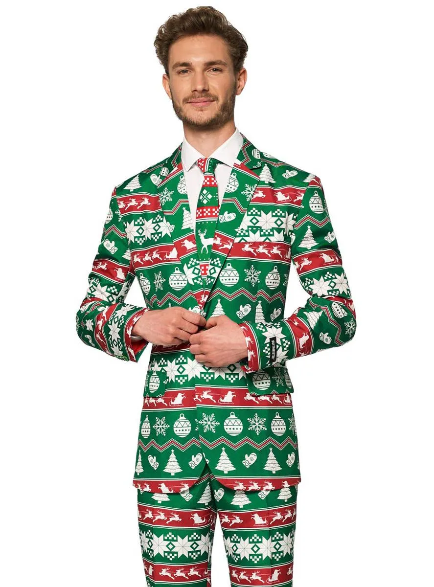 Nordic Green Christmas Print Mens Suitmeister Costume Suit