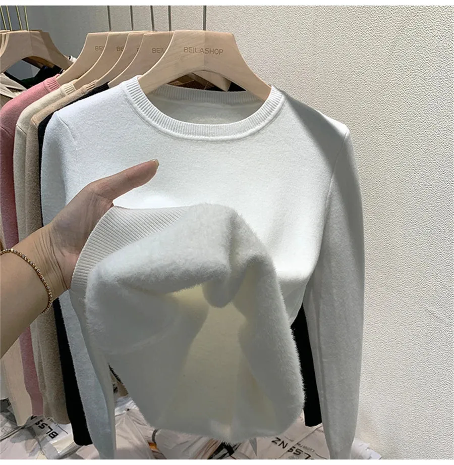 O Neck Winter Sweater For Women Thicken Slim Soft Knitted Tops Plus Velvet Long Sleeve Pullover Casual Warm Malhas Jerseys