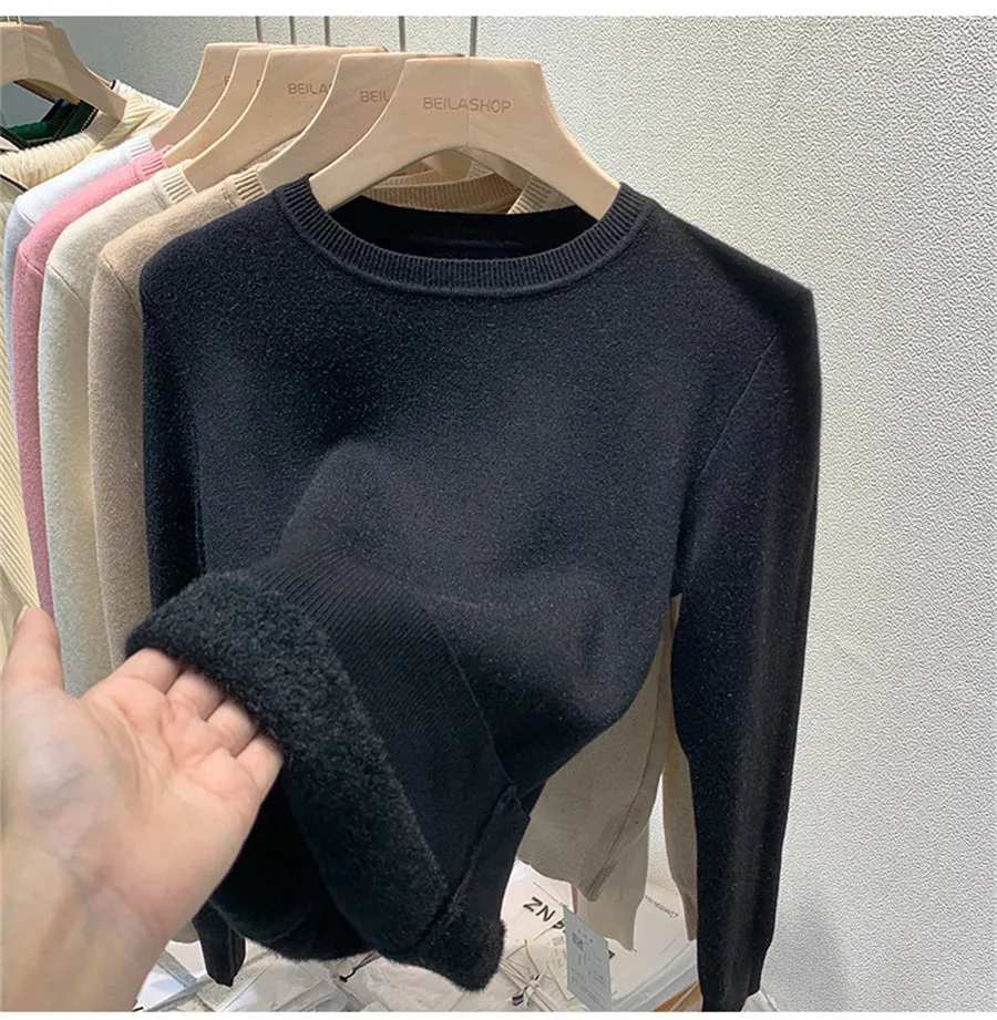 O Neck Winter Sweater For Women Thicken Slim Soft Knitted Tops Plus Velvet Long Sleeve Pullover Casual Warm Malhas Jerseys