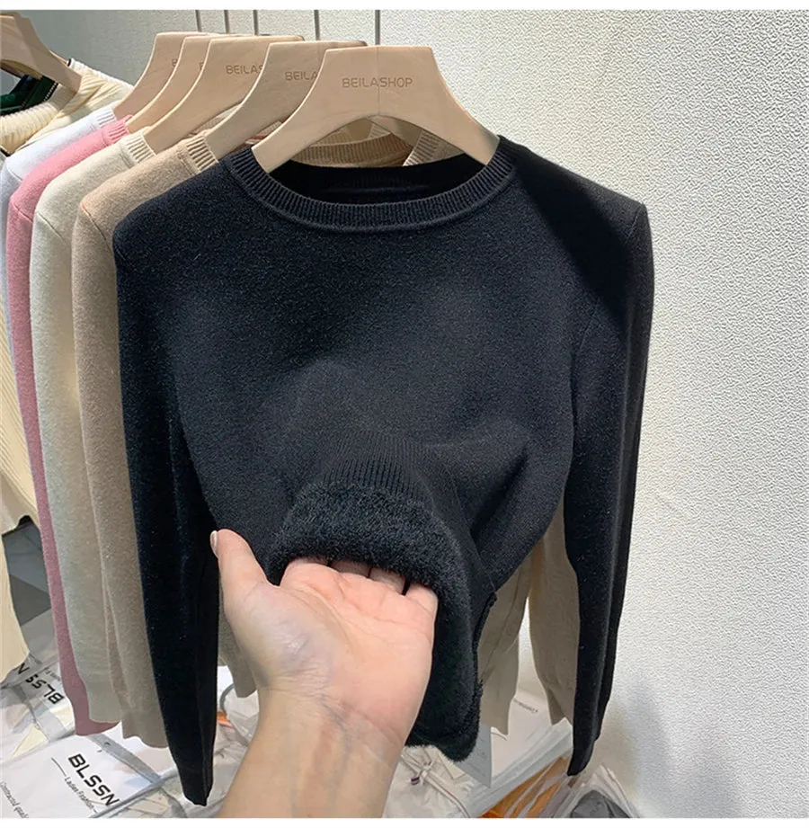 O Neck Winter Sweater For Women Thicken Slim Soft Knitted Tops Plus Velvet Long Sleeve Pullover Casual Warm Malhas Jerseys