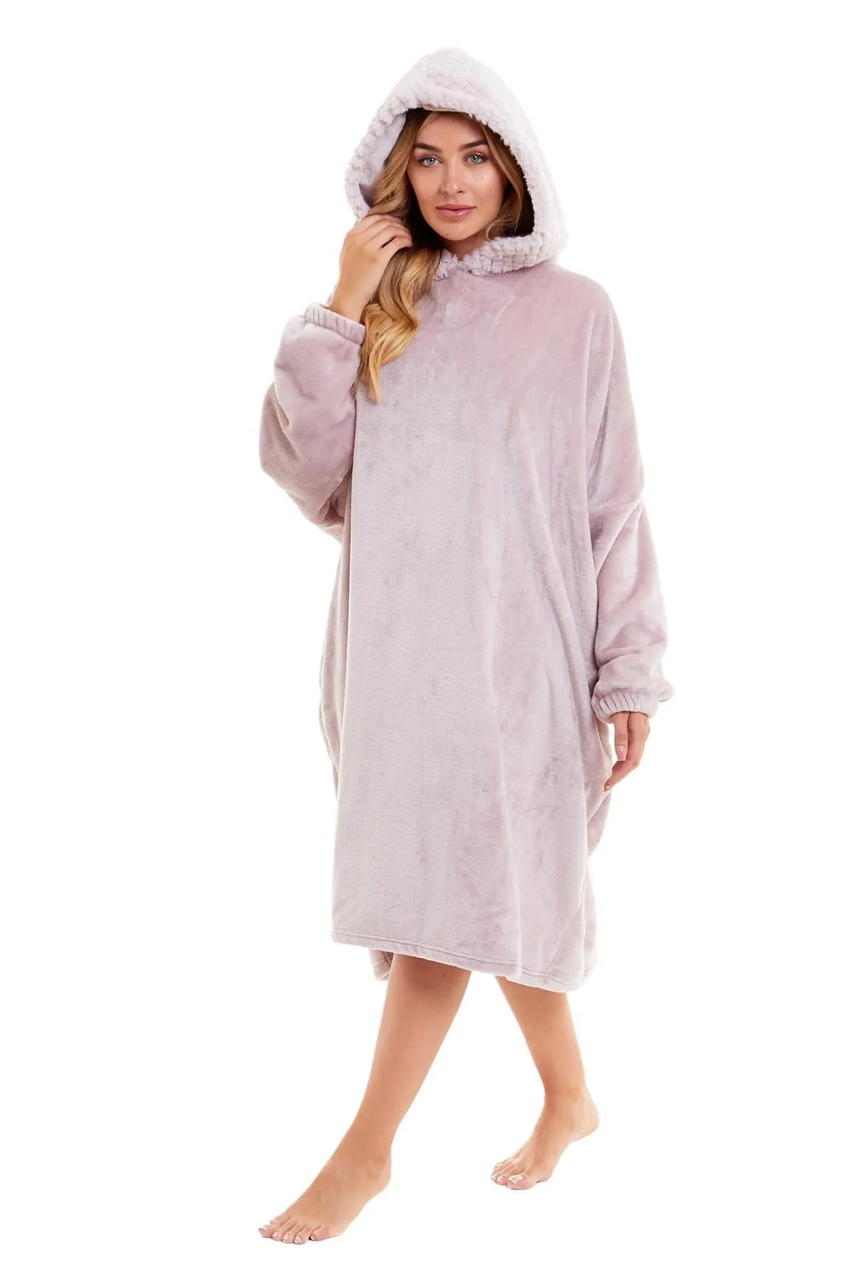 Oversized Women's Plush Hooded Poncho Blanket with Ultra-Soft Fur Hood and Double Pocket in Pink and Grey by Daisy Dreamer