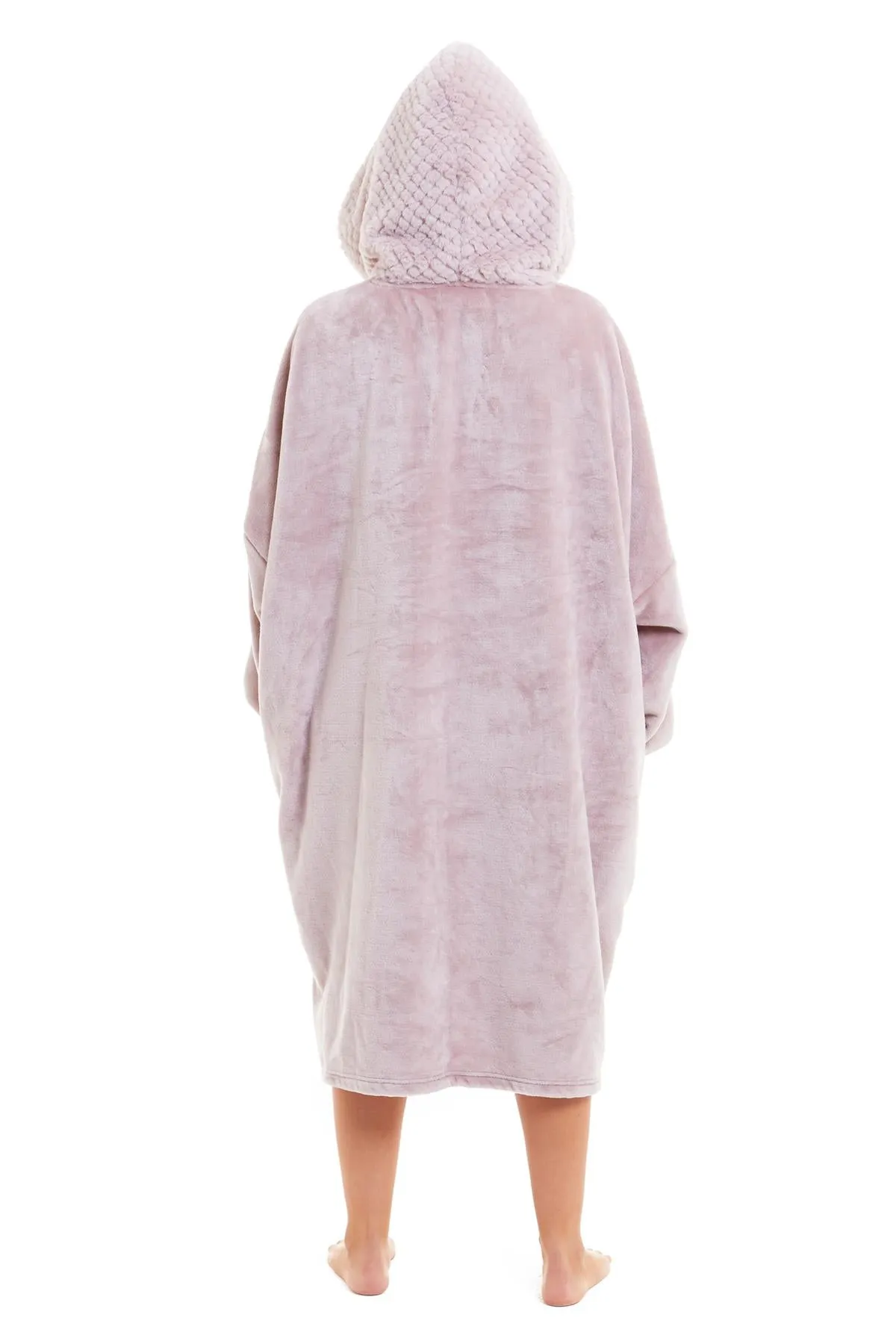 Oversized Women's Plush Hooded Poncho Blanket with Ultra-Soft Fur Hood and Double Pocket in Pink and Grey by Daisy Dreamer