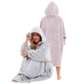 Oversized Women's Plush Hooded Poncho Blanket with Ultra-Soft Fur Hood and Double Pocket in Pink and Grey by Daisy Dreamer