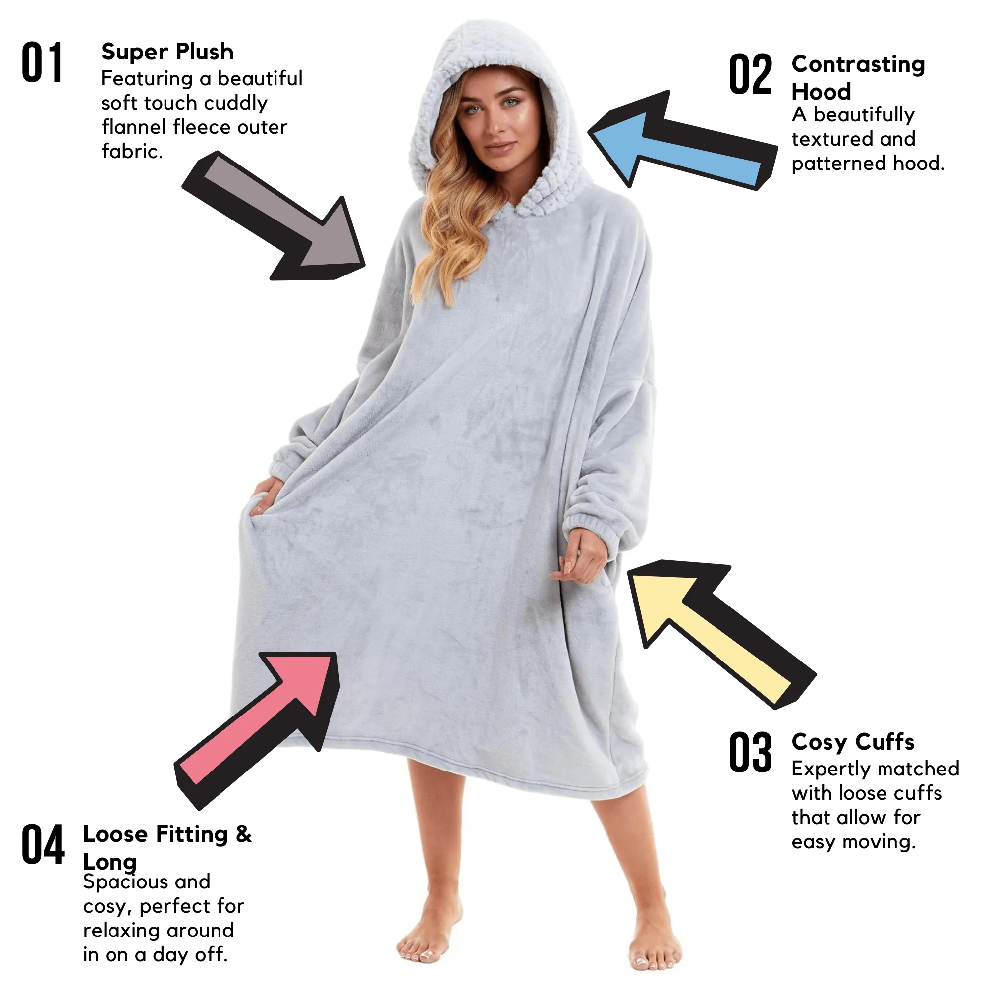 Oversized Women's Plush Hooded Poncho Blanket with Ultra-Soft Fur Hood and Double Pocket in Pink and Grey by Daisy Dreamer