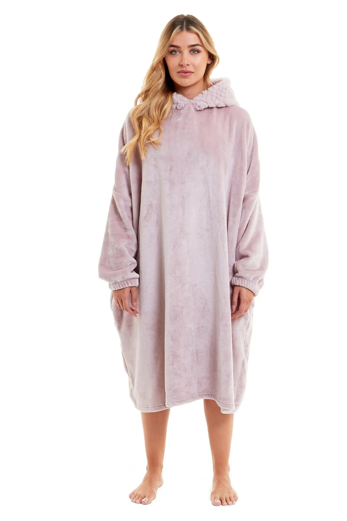 Oversized Women's Plush Hooded Poncho Blanket with Ultra-Soft Fur Hood and Double Pocket in Pink and Grey by Daisy Dreamer