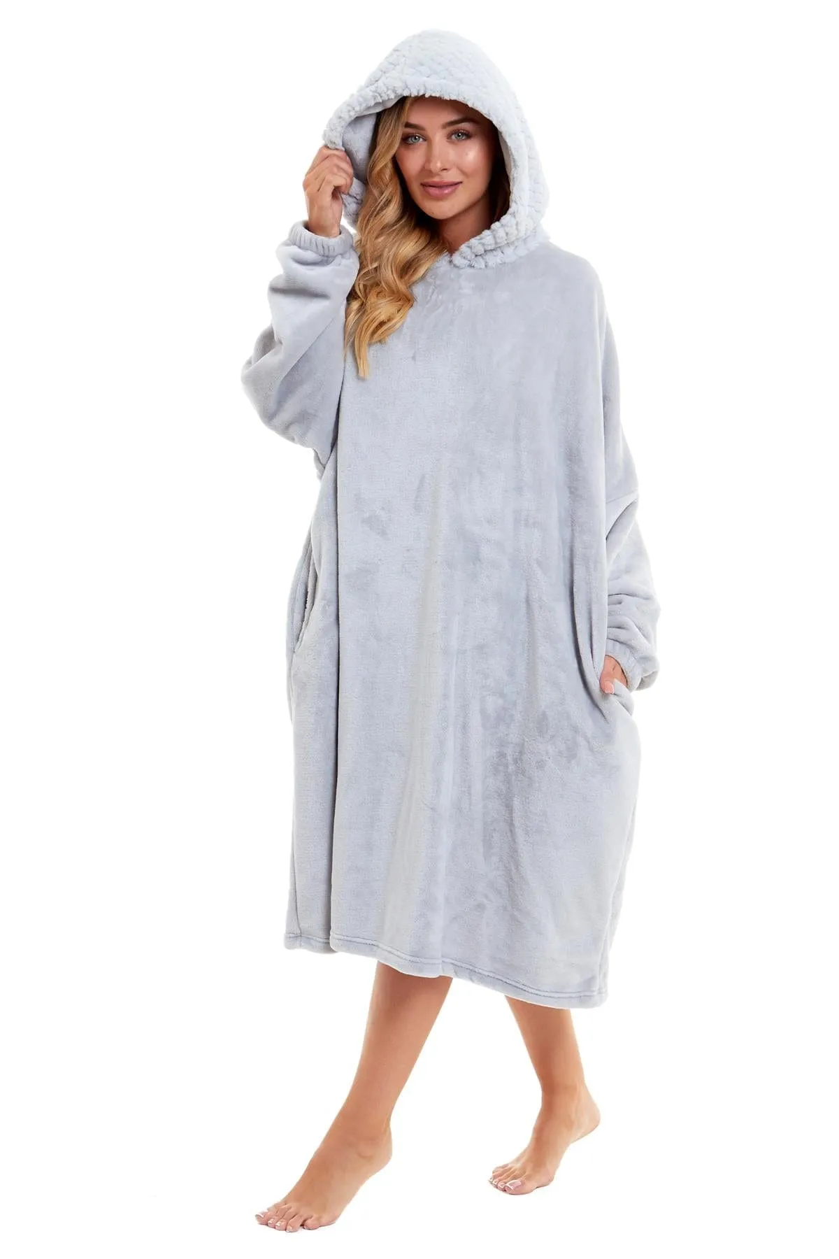 Oversized Women's Plush Hooded Poncho Blanket with Ultra-Soft Fur Hood and Double Pocket in Pink and Grey by Daisy Dreamer