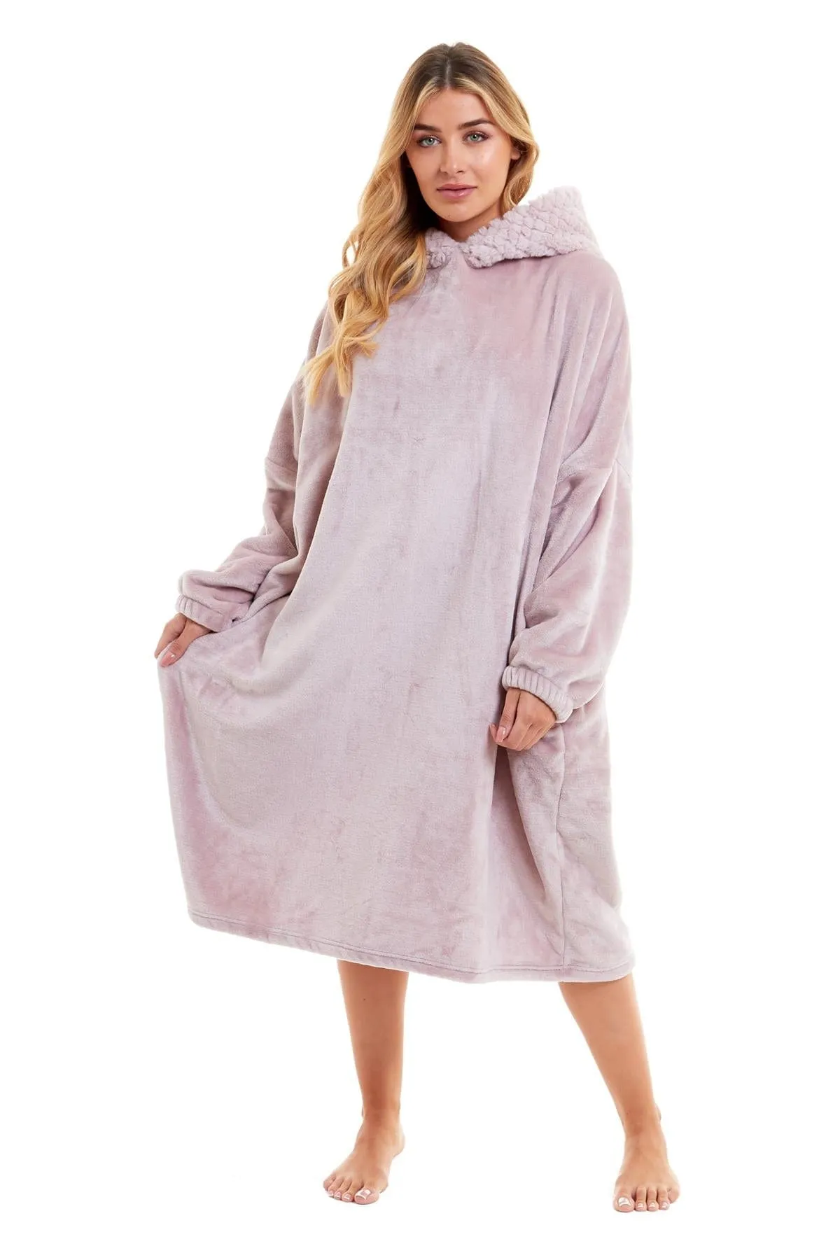 Oversized Women's Plush Hooded Poncho Blanket with Ultra-Soft Fur Hood and Double Pocket in Pink and Grey by Daisy Dreamer