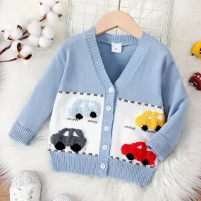 PatPat Toddler Girl/Boy Vehicle Pattern Button Up Sweater  Casual/Outdoor  Hyper-Tactile / 3D Positioning print