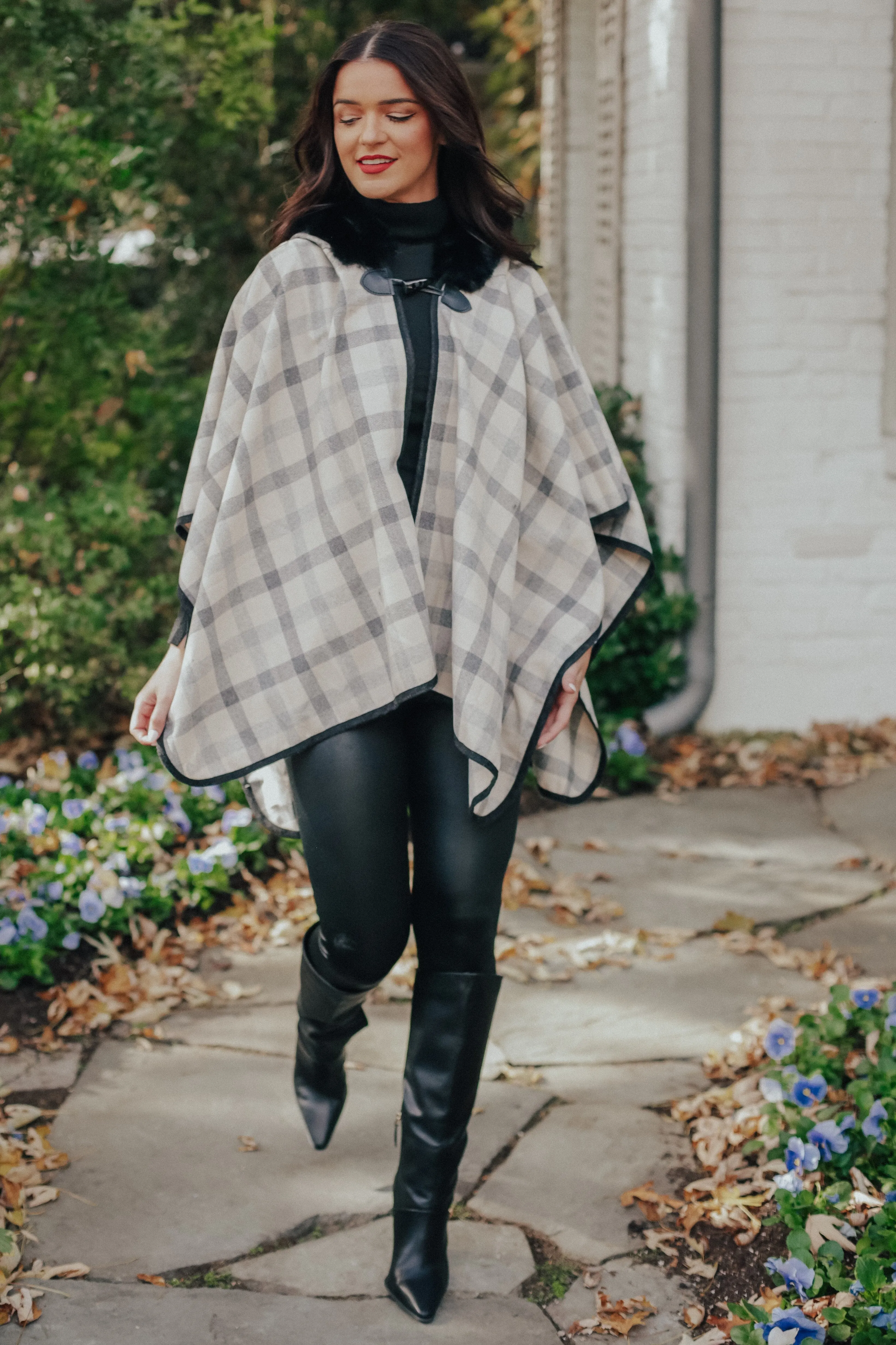 Plaid Fur Hood Poncho