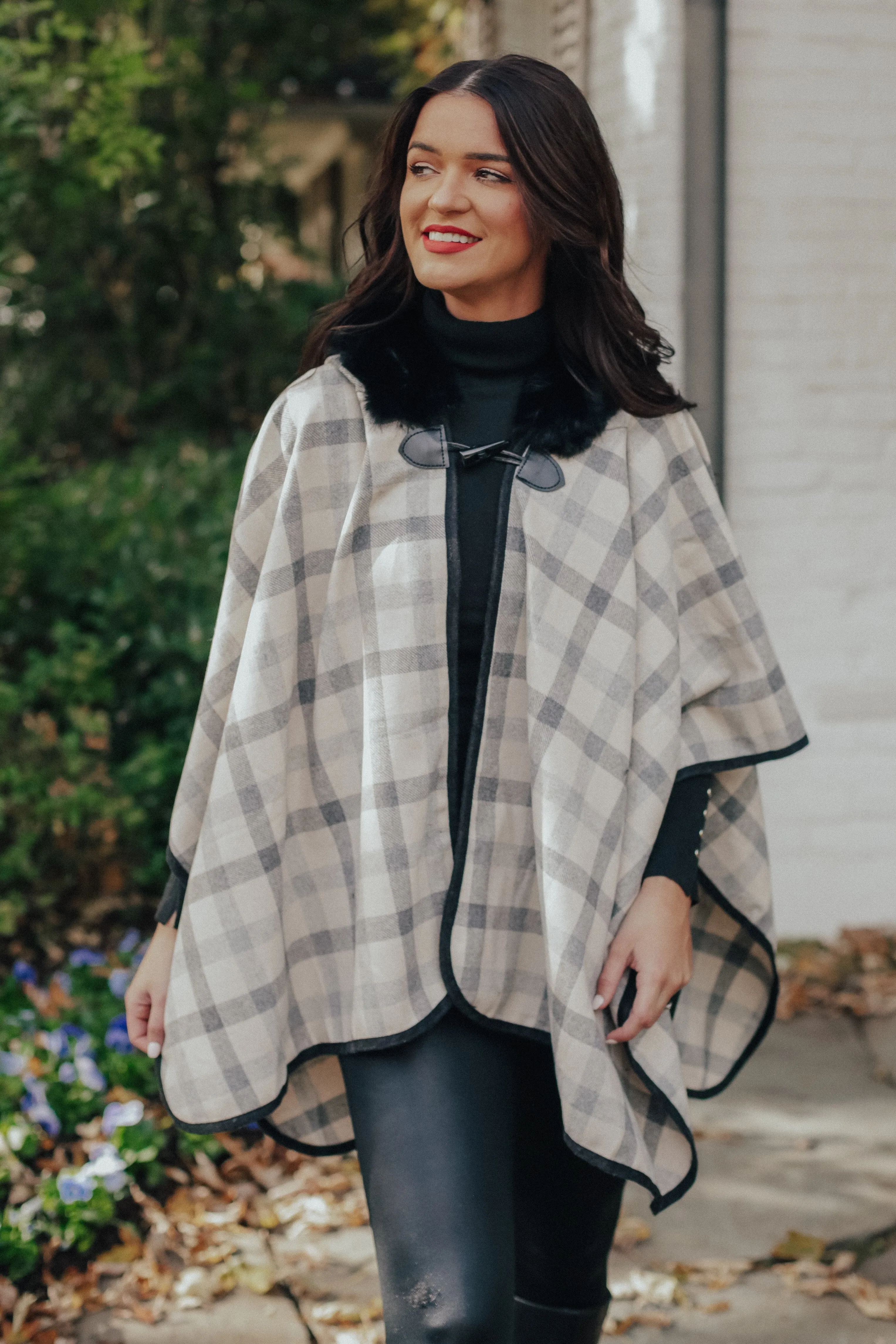 Plaid Fur Hood Poncho