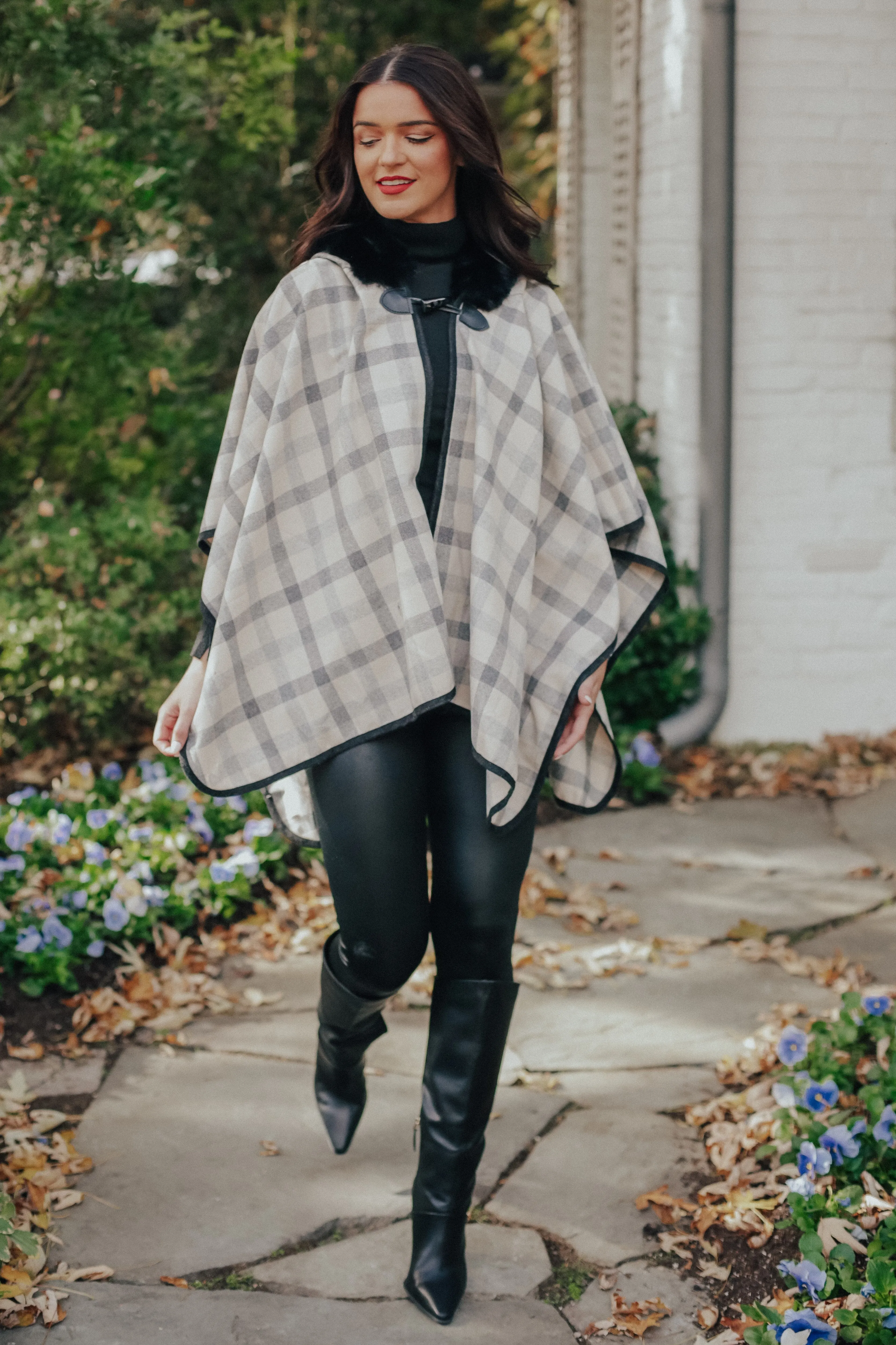 Plaid Fur Hood Poncho