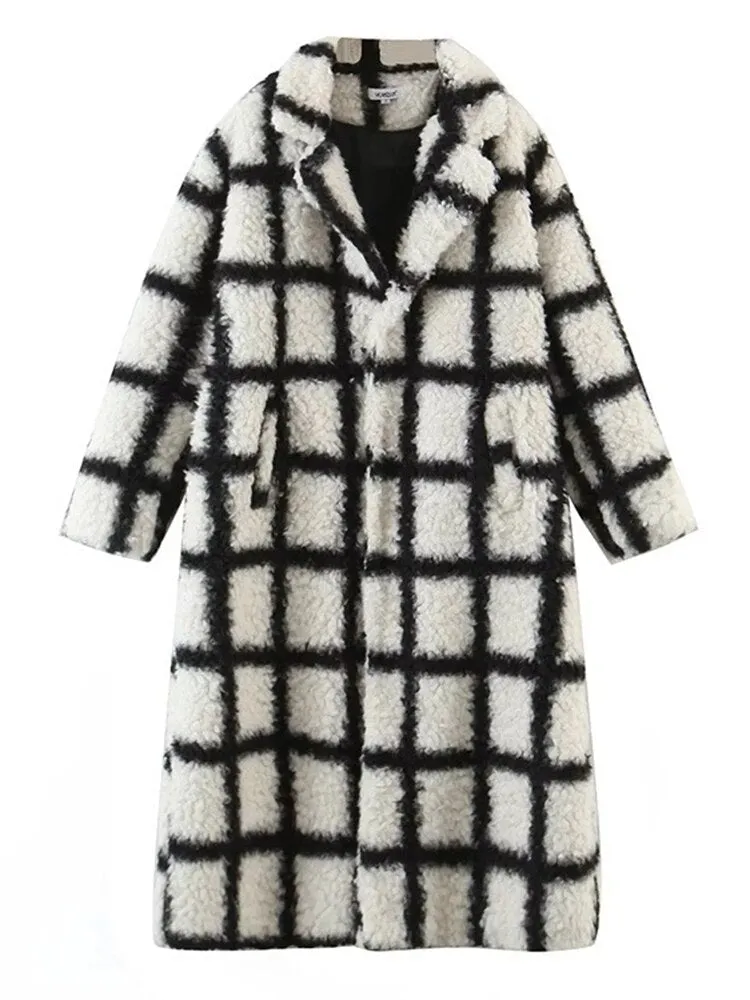 Pre Order:  Black and White Plaid Lamb Wool Coat