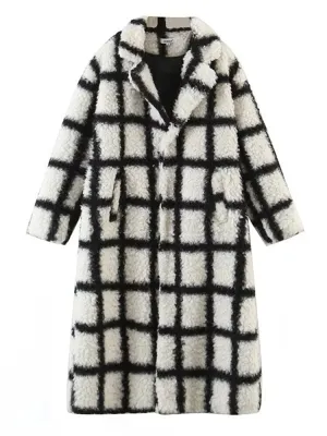 Pre Order:  Black and White Plaid Lamb Wool Coat